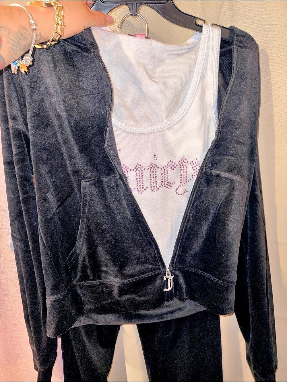 Juicy Couture OG Big Bling Velour Tracksuit Set Black & White Medium NWT